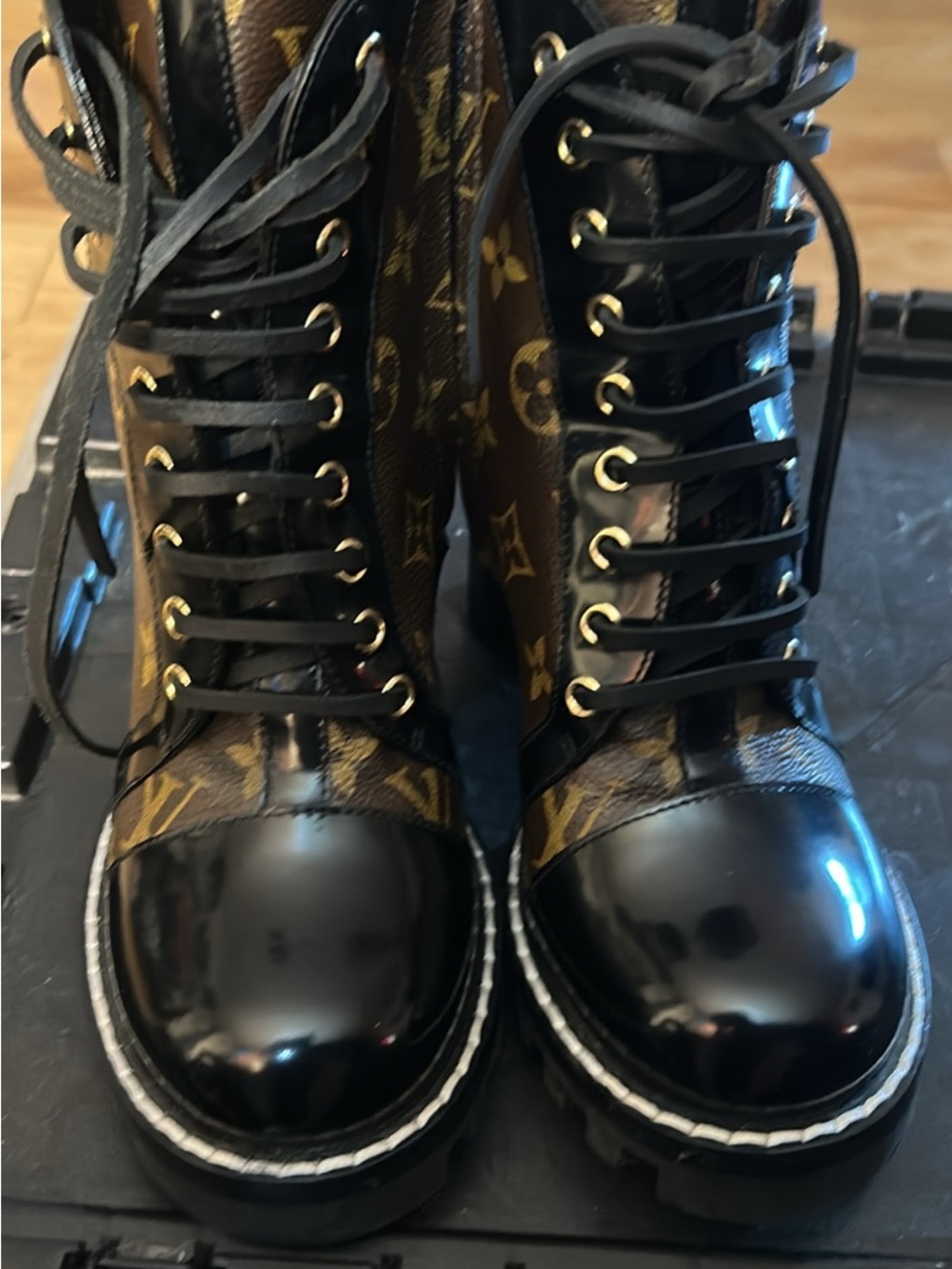 Louis Vuitton Black Patent & Brown Monogram Lace-Up Boots